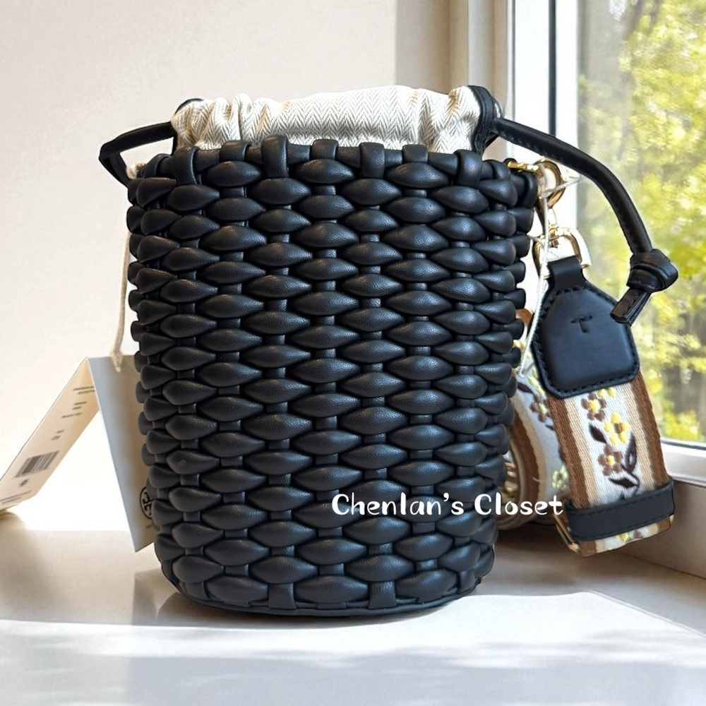 Tory Burch Emerson Woven Mini Bucket Bag Black With Gold Hardware - Picture 3 of 13